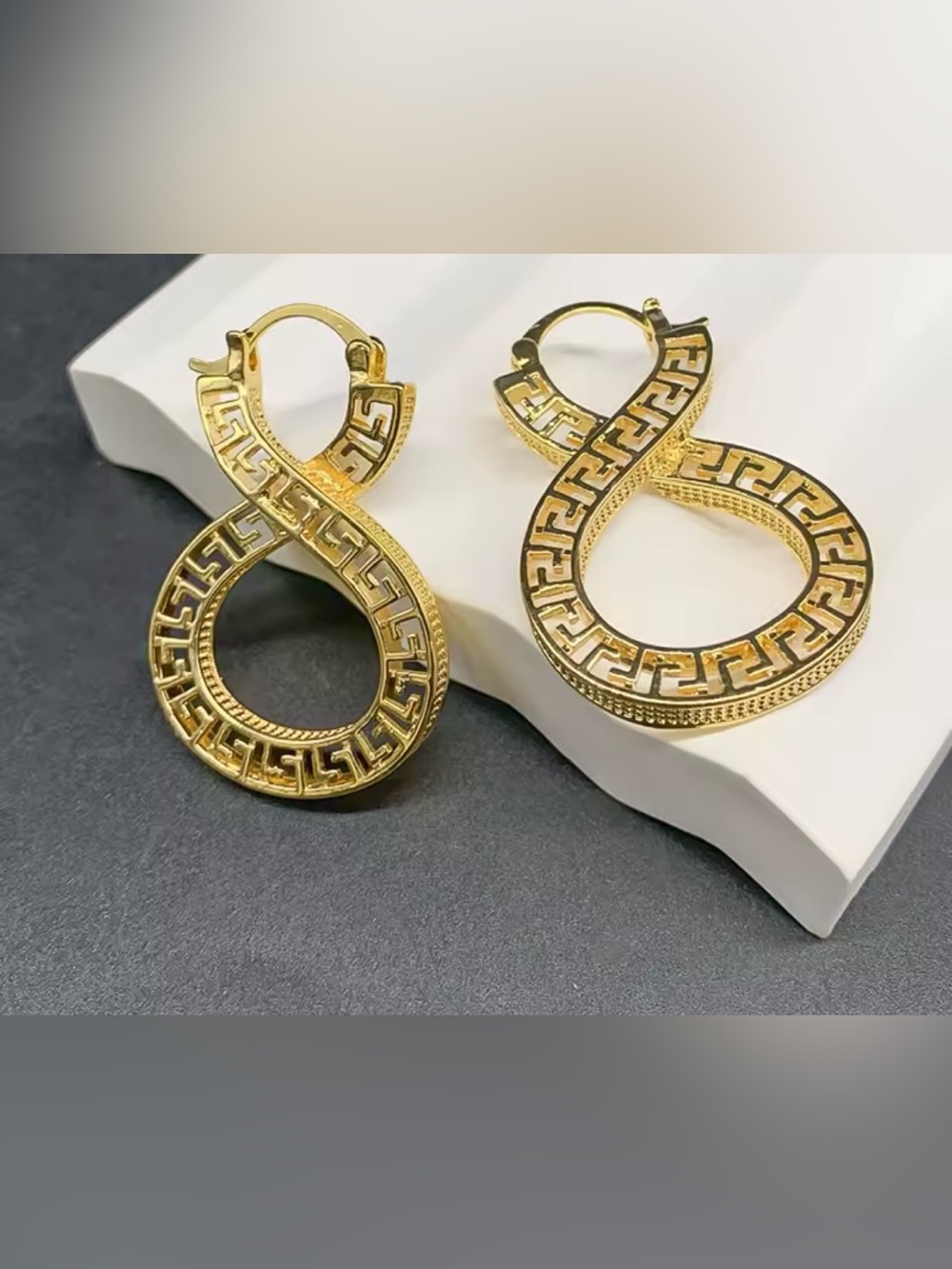 Anthropologie Gold Tone Greek Key Figure-Eight Hoop Earrings